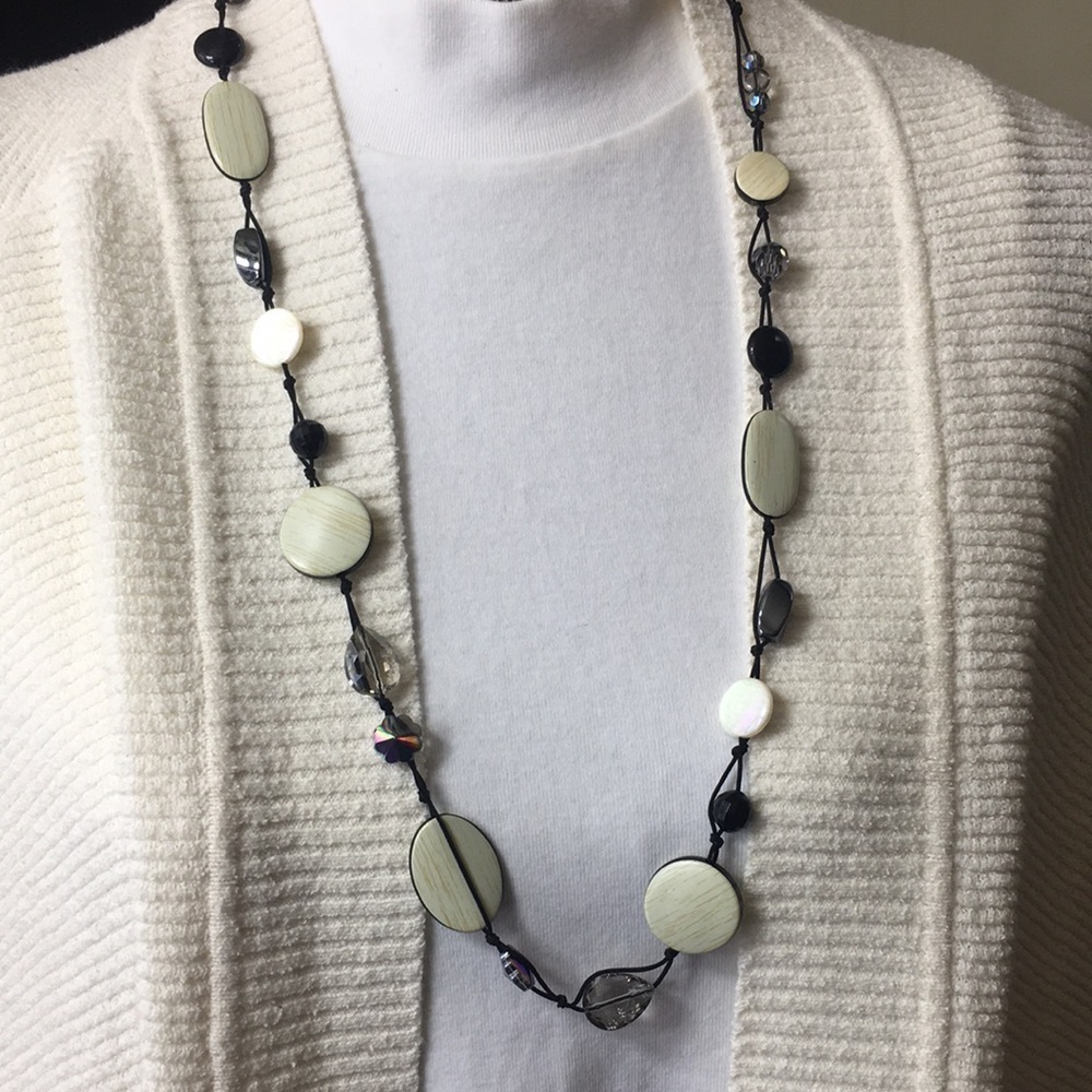 Alexa’s Angels long crystal mother of pearls necklace black white 32"